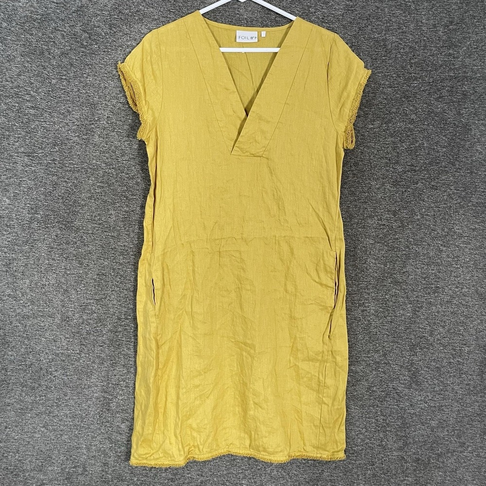 Foil Dress Womens 6 Yellow Linen V Neck Shift Knee Length Fringe Pockets